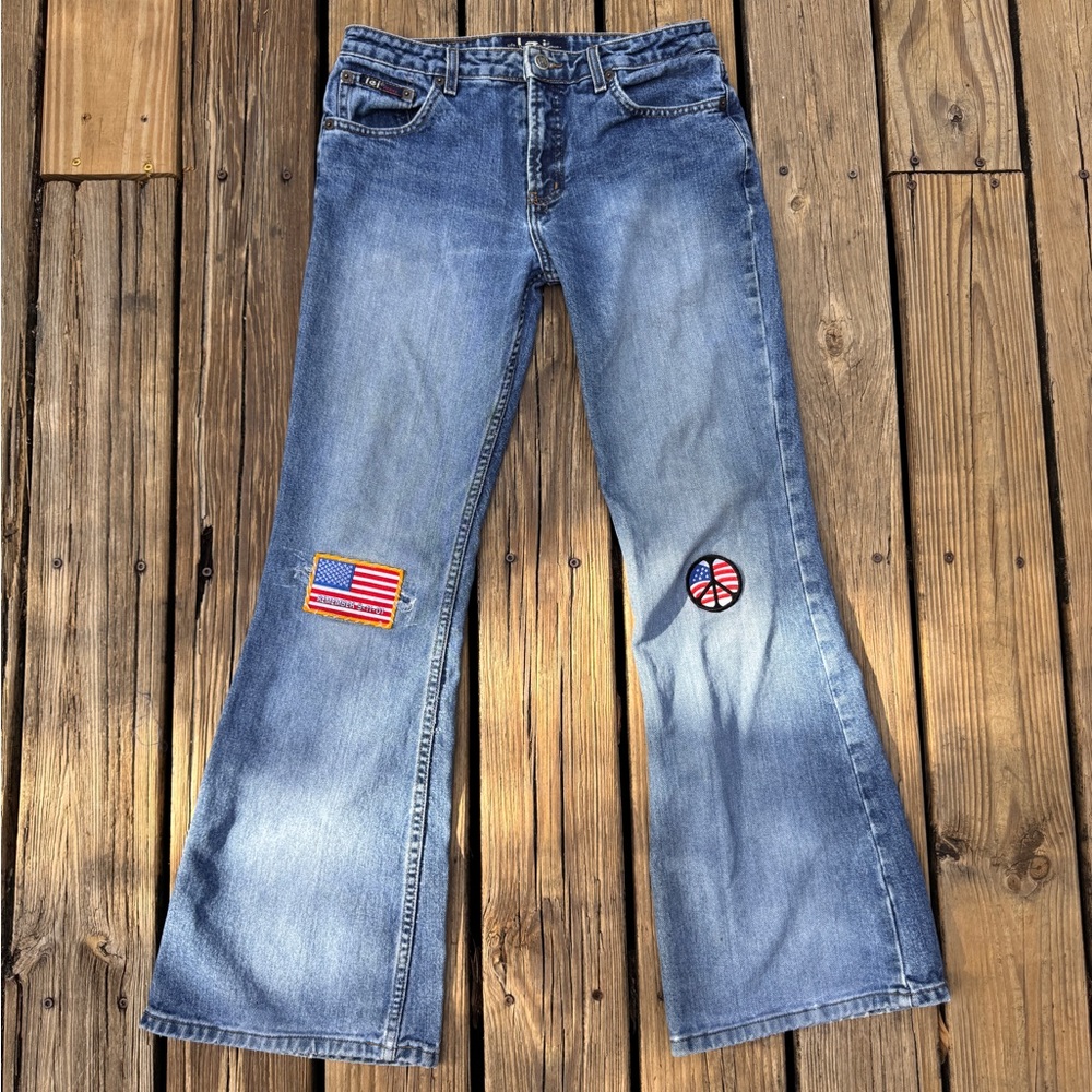2000s Y2K LEI Flared Denim Patched Jeans